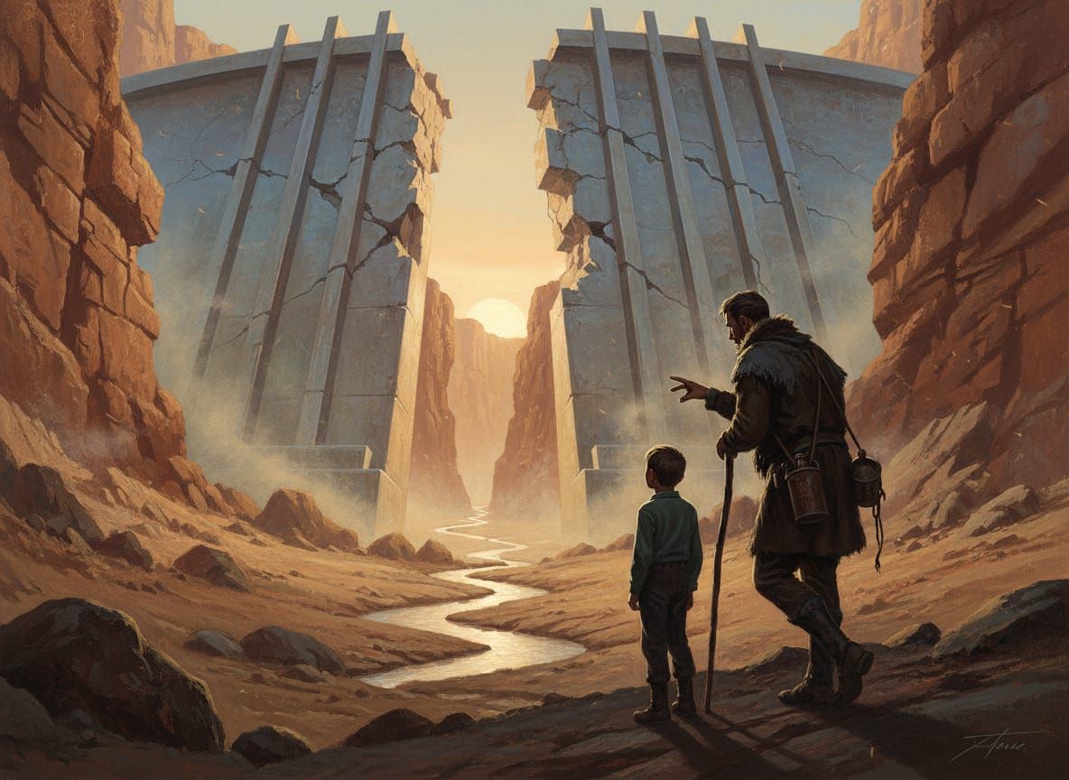 Post-Apocalyptic Canyon with Father and Son Viewing Dam Ruin...