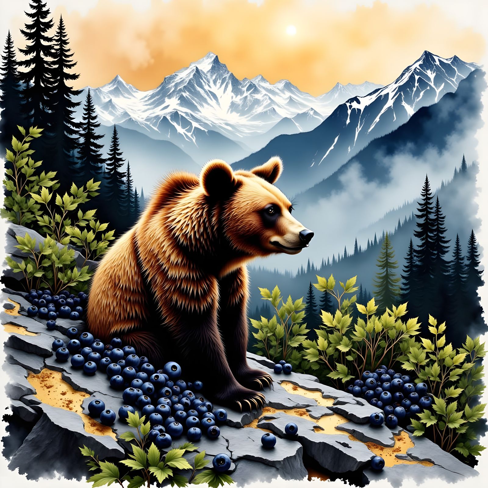 Bear Eating Blueberries on Mountainside in Gold and Ink Styl...