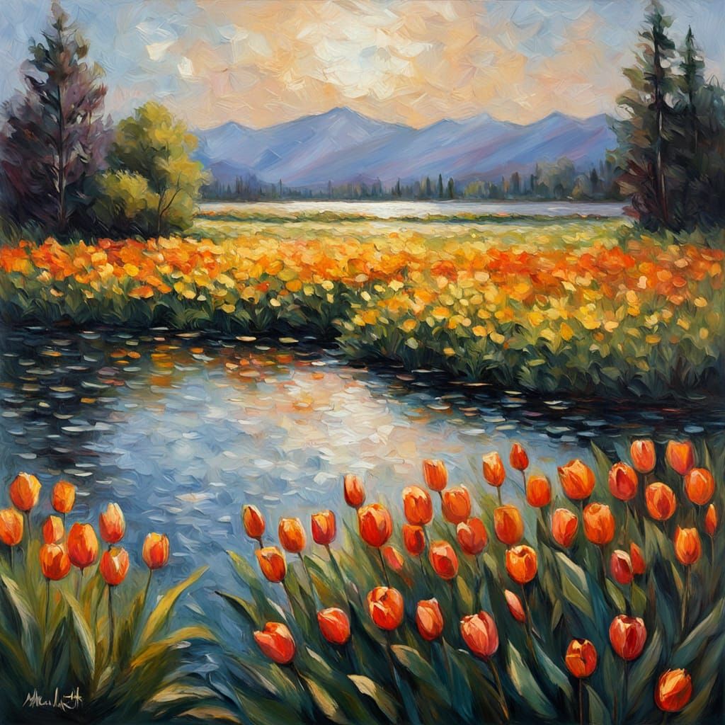 Magical Tulip in Sunlit Meadow Impressionist Painting