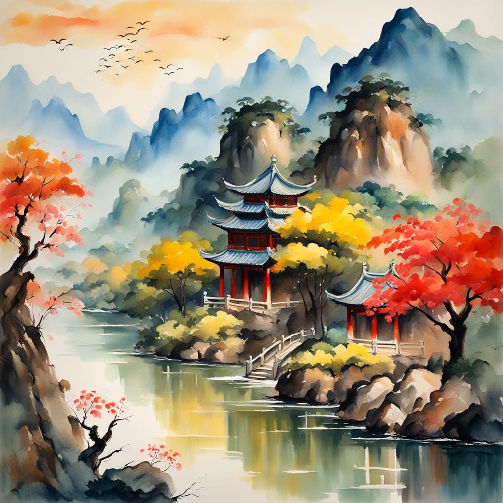 Gouache Style Chinese Landscape Masterpiece
