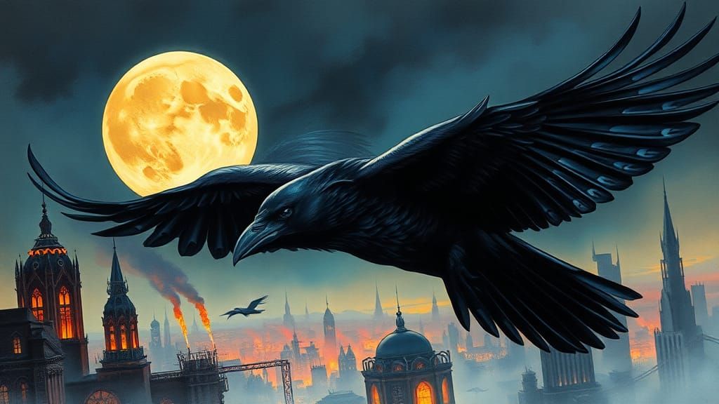 Raven in Flight Over Dystopian Cityscape