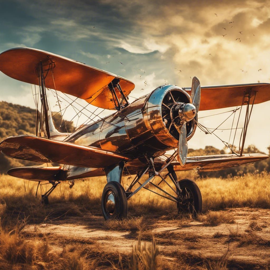 Biplane Takes Flight at Sunset: Vintage Photography