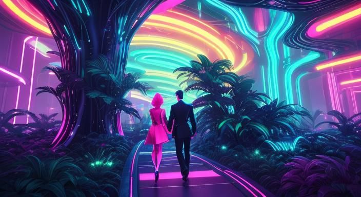 Synthwave Couple in Neon Metal Forest
