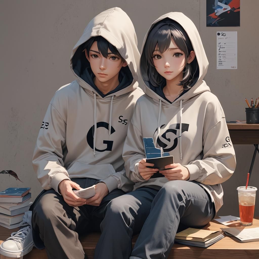 Anime Style Boy and Girl with Letter Hoodies