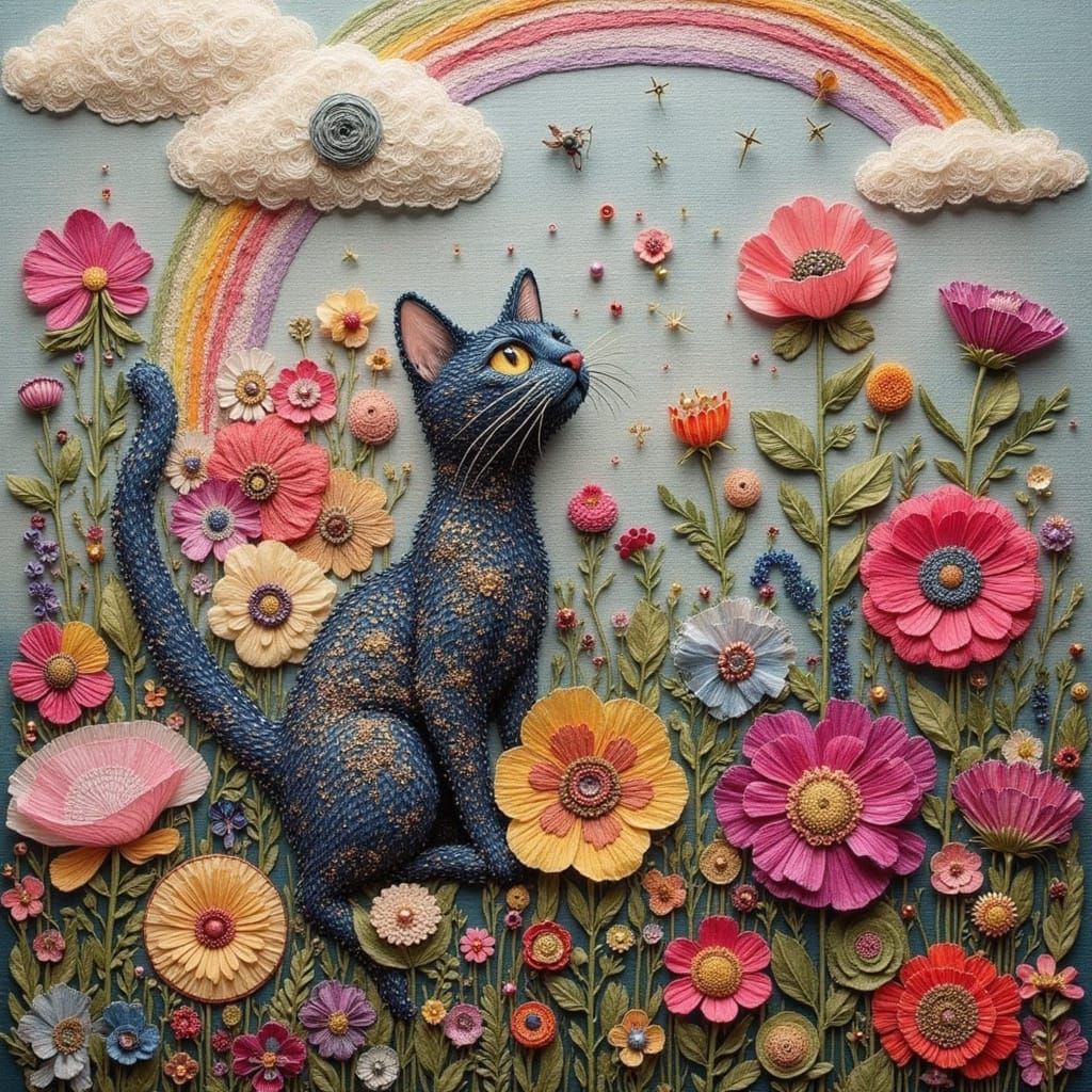 Whimsical Patchwork Cat in Surreal Textile Garden