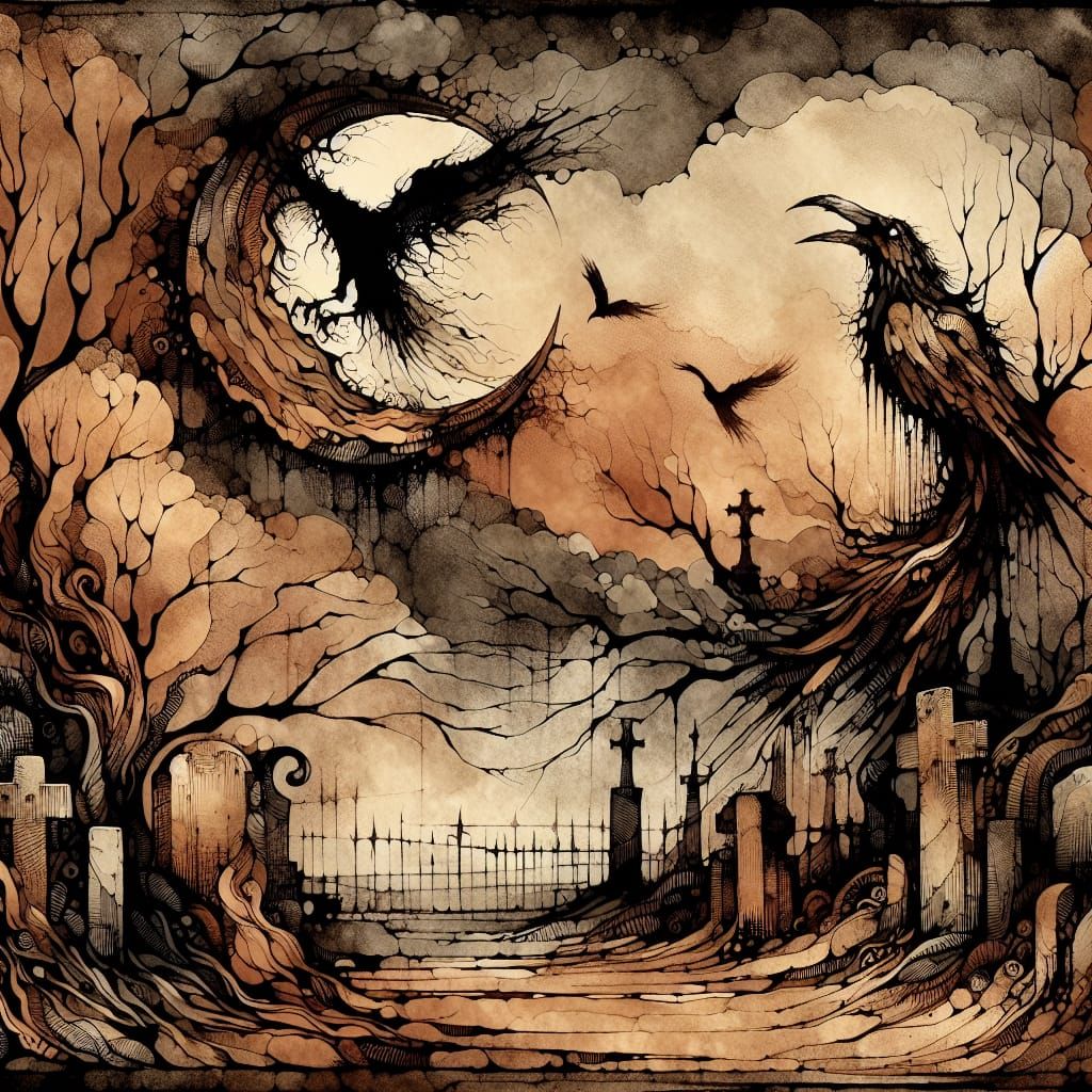 Eerie Raven in Cemetery: Dark Surreal Watercolor