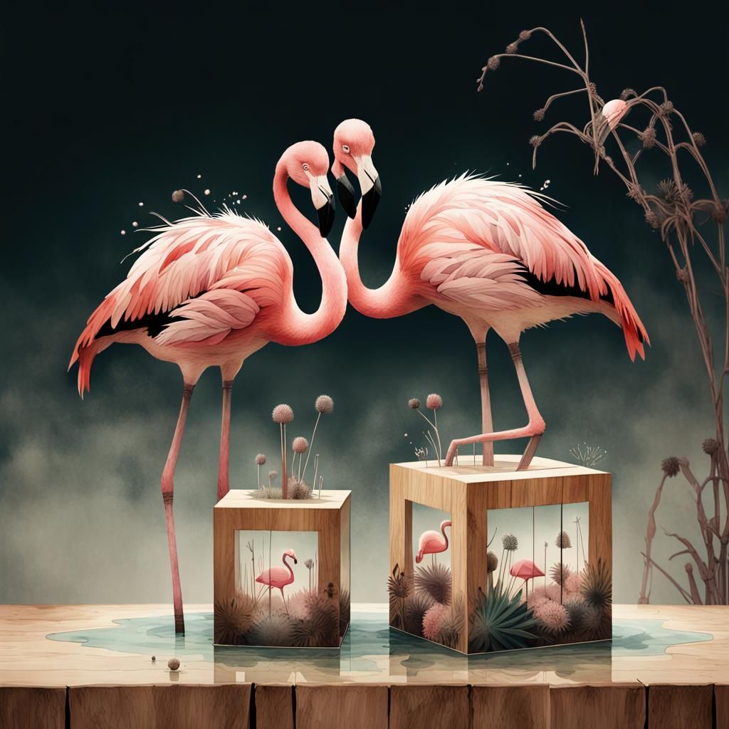 Flamingos and Cubes in Gouache Watercolor Style