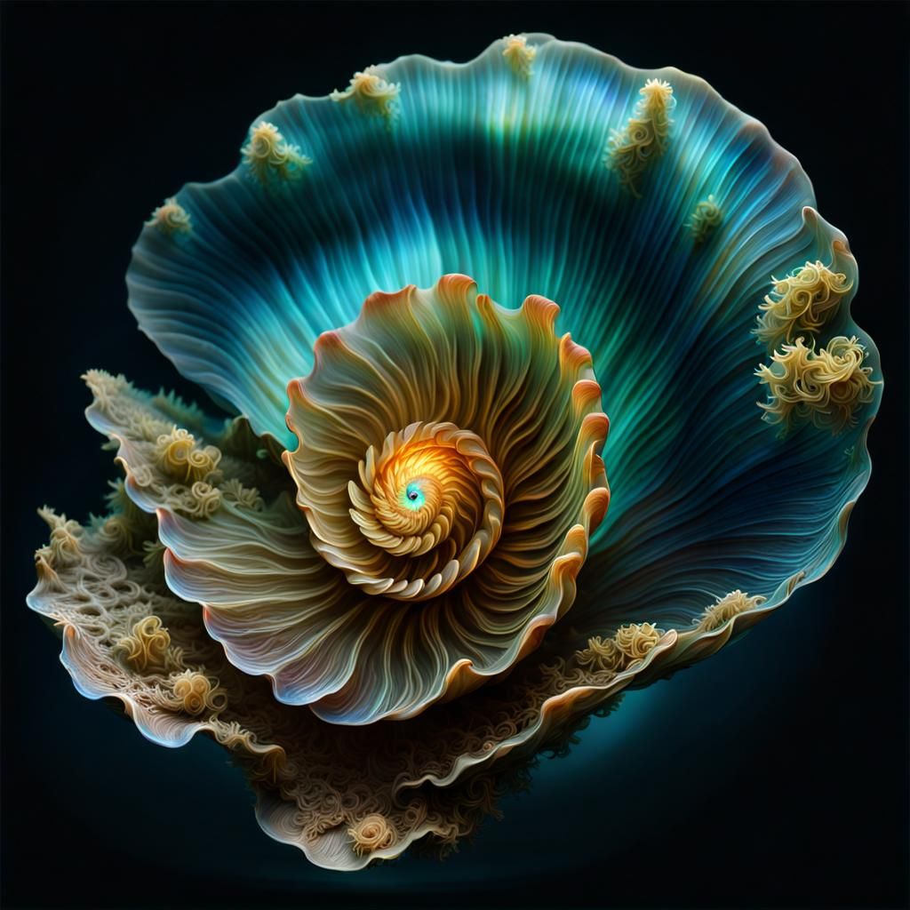 Bioluminescent Shell with Flower in Sunken Ship Scene