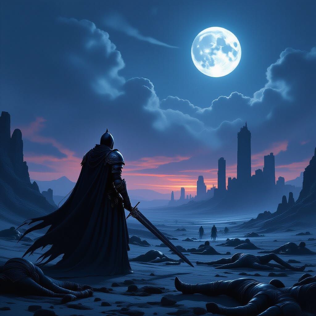 Knight in Obsidian Armor on Desolate Battlefield Under Twin ...