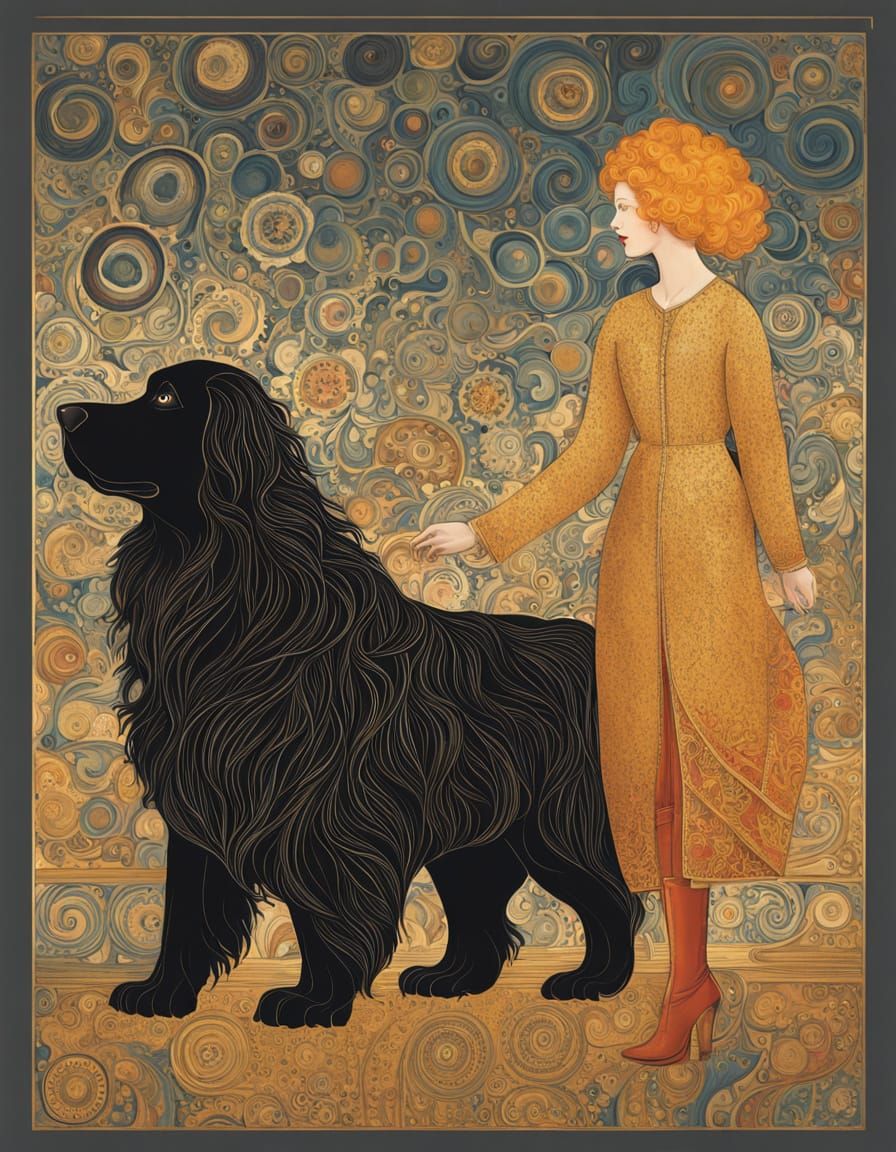 Woman and Dog in Klimt-Inspired Illustration