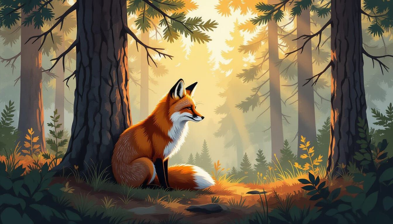 Red Fox Hiding in Forest, Watercolor Pop Art