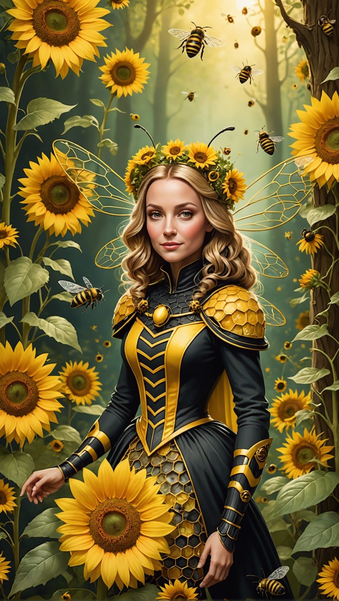 Anthropomorphic Queen Bee in Enchanted Forest