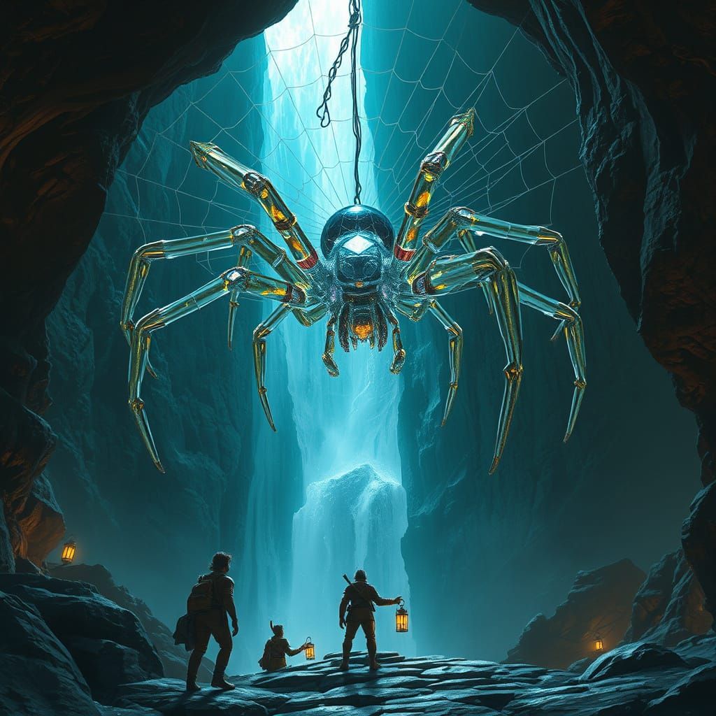 Gigantic Glass Spider in a Dark Fantasy Cavern