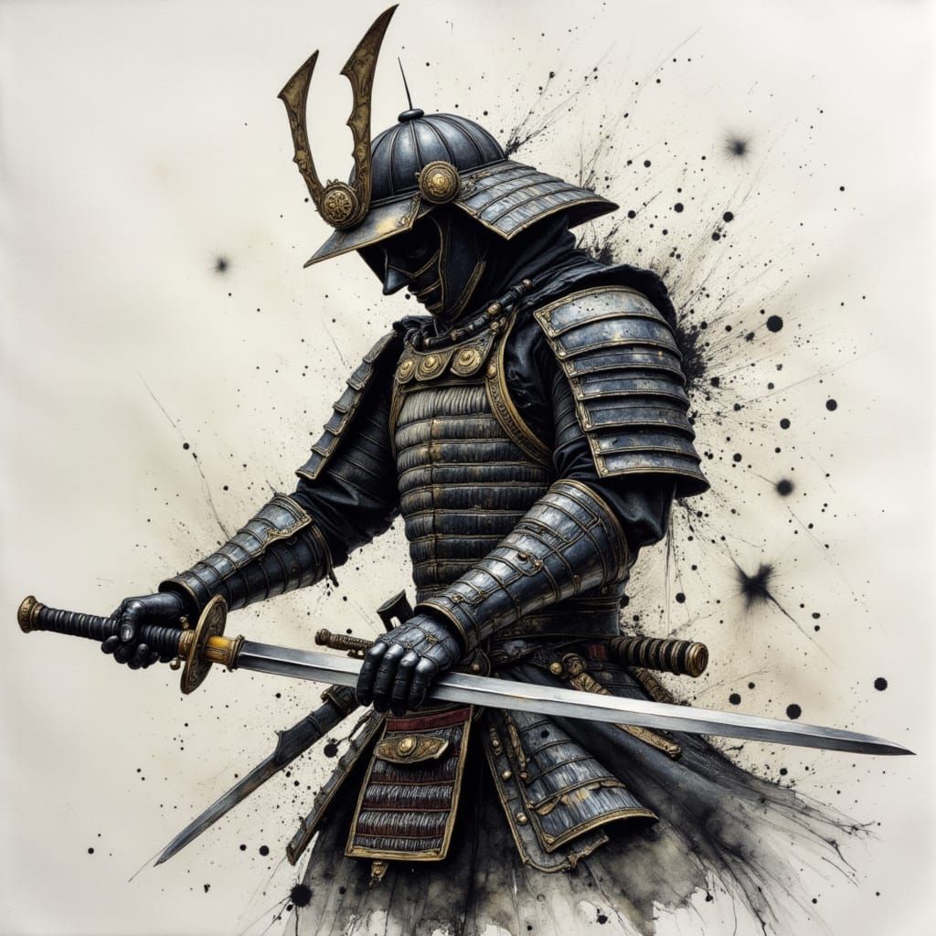 Fierce Samurai Warrior in Dynamic Ink Illustration