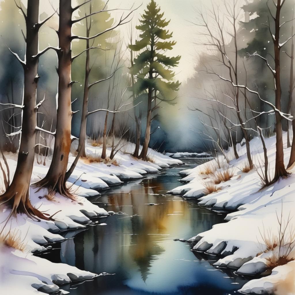 Winter Creek in Watercolor and Alcohol Ink