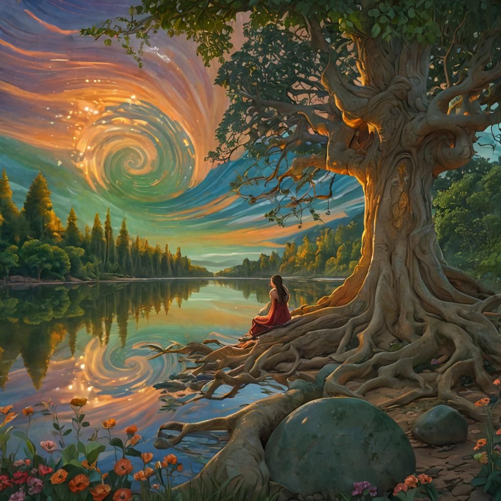 A Beautiful woman is sitting on the roots of an ancient tree...