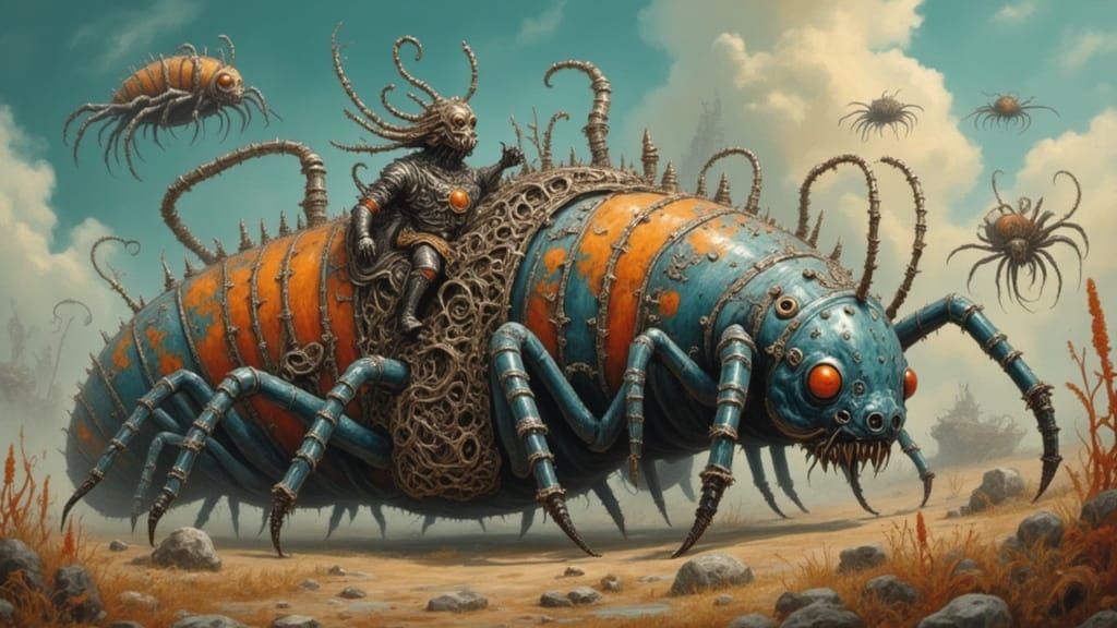 Tribal Warrior Rides Millipede Bus in Vibrant Scene