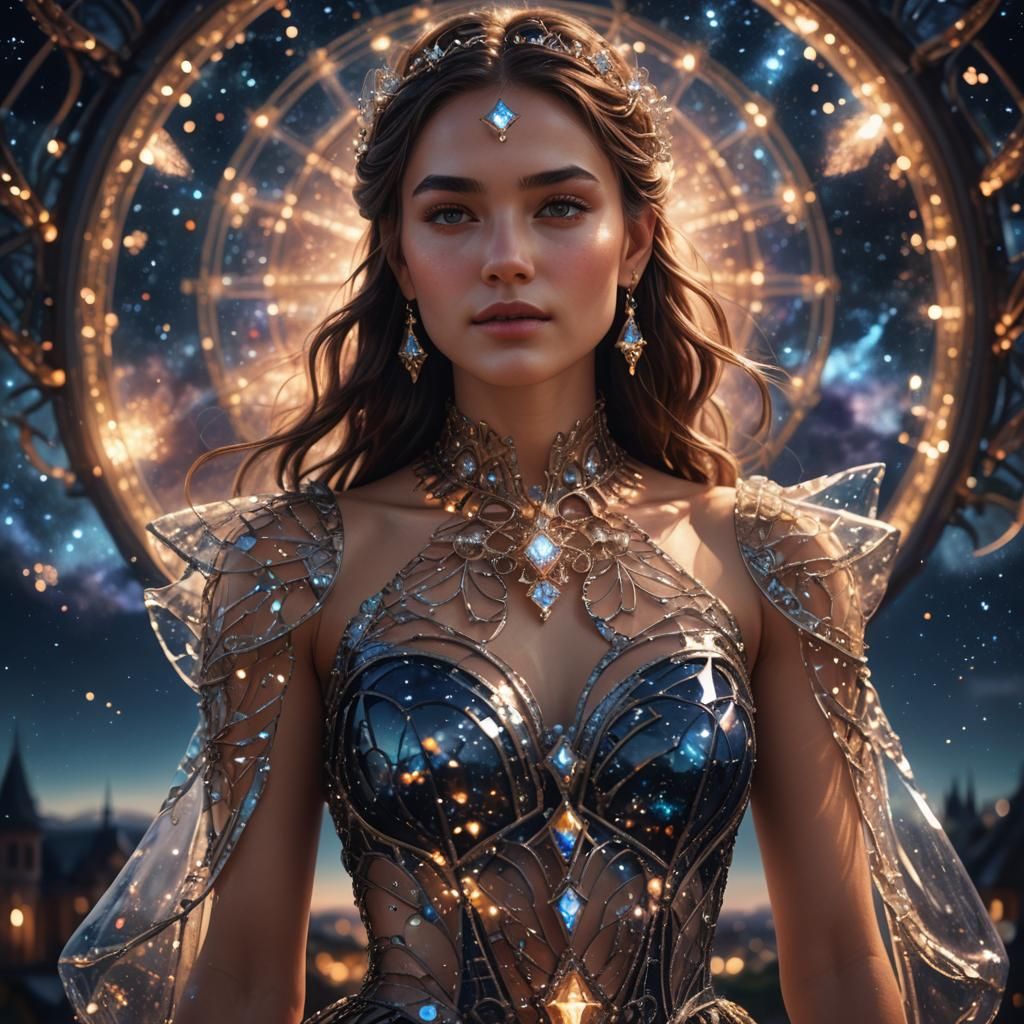 Woman in Glass Dress with Night Sky Background