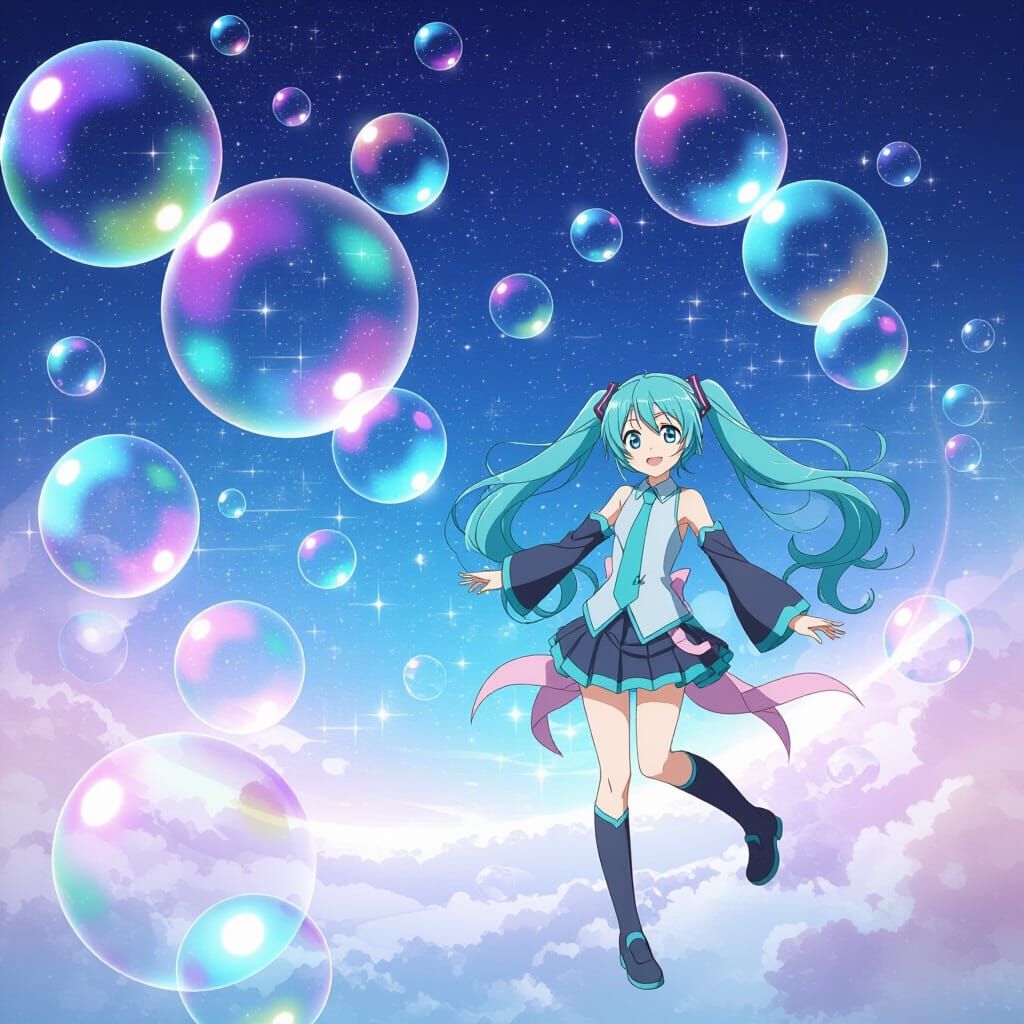Hatsune Miku Playing with Colorful Soap Bubbles