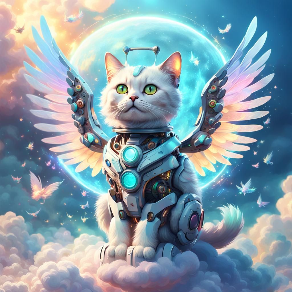Whimsical Robot Cat Soars in Ethereal Heaven