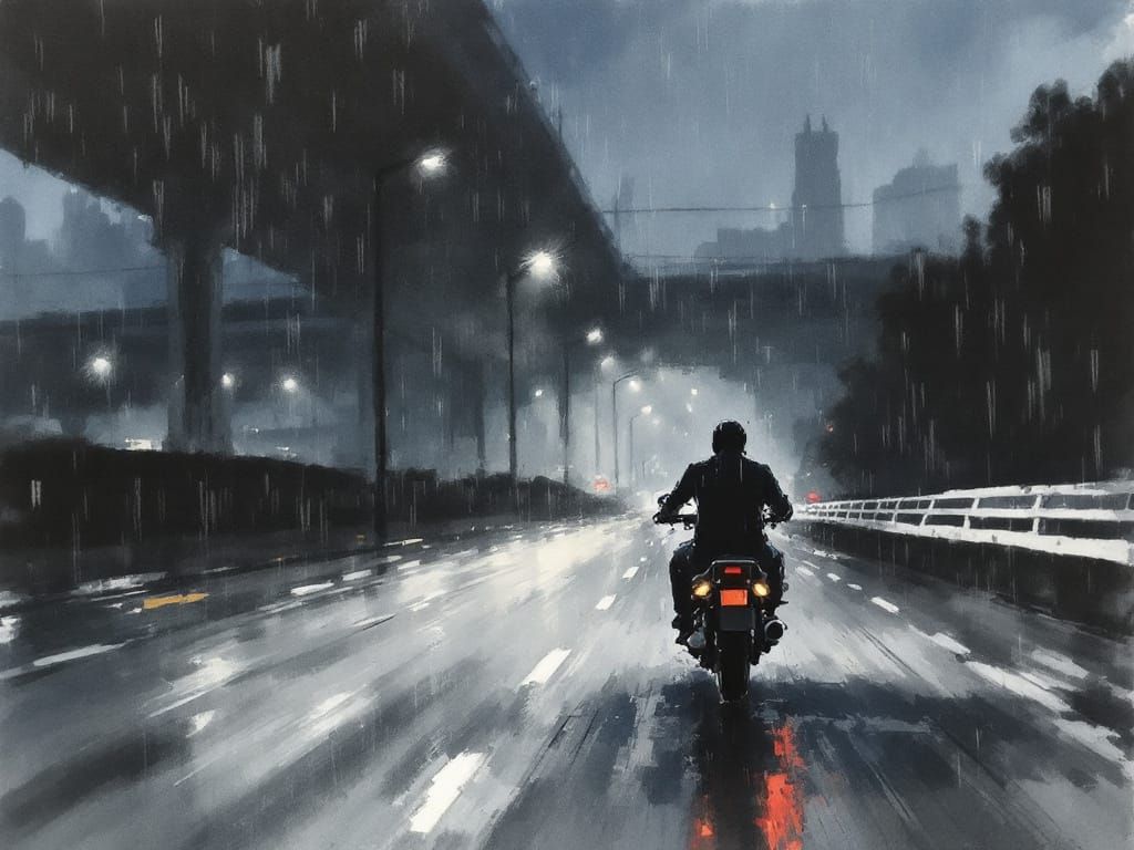 Man on Motorcycle on Rainy Expressway in Ink Wash Style