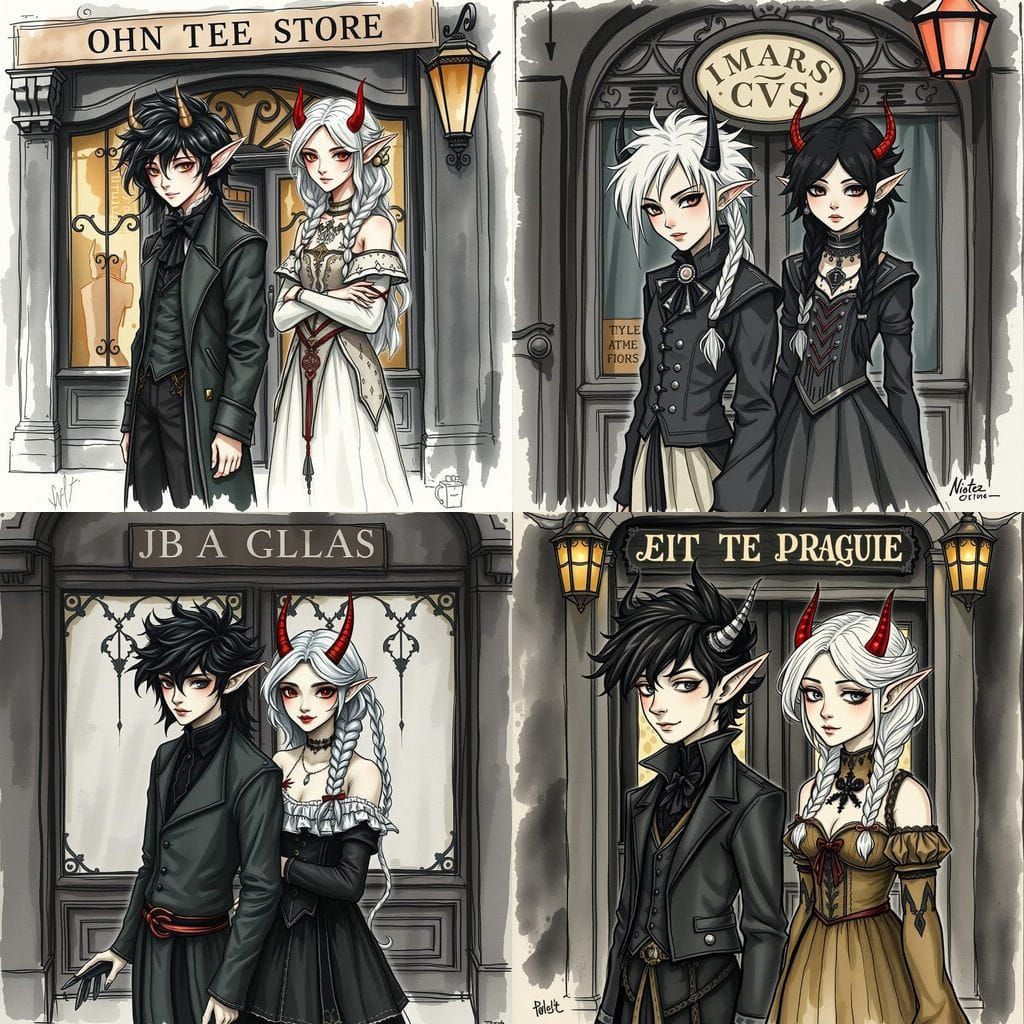 Twin Elves in Art Nouveau Charcoal Sketch