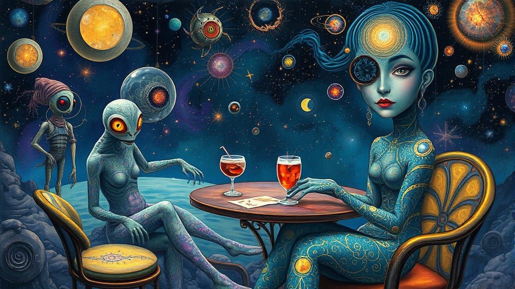 Cosmic Cafe with Celestial Woman in Dreamlike Style
