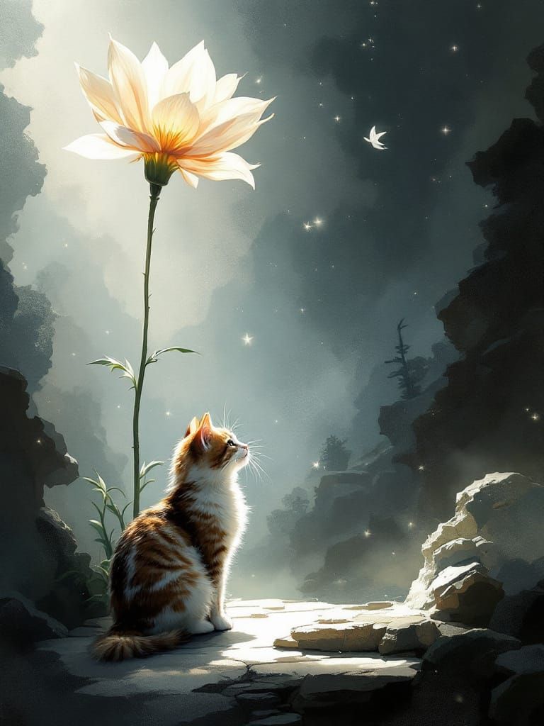 Adorable Cat Under Flower with Luminous Precision