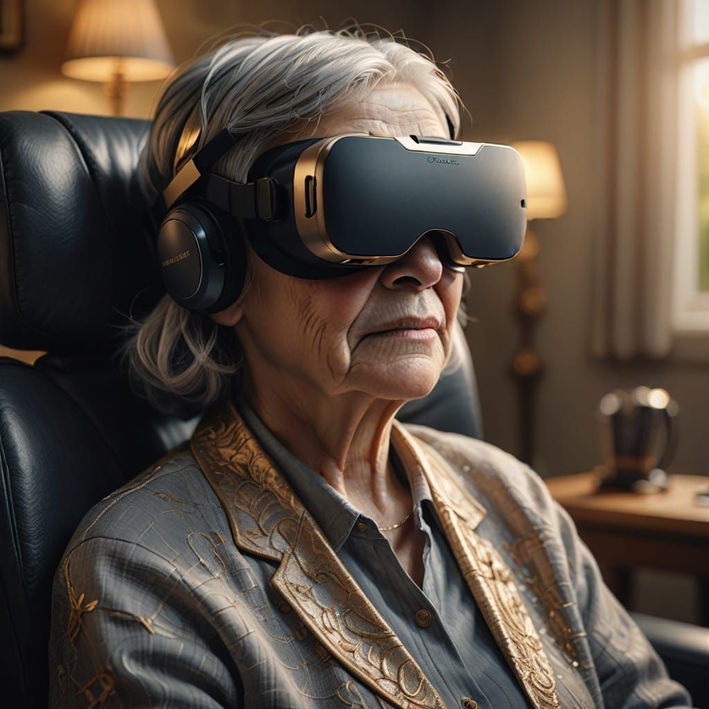 Elderly Woman's Digital Portrait in VR Headset