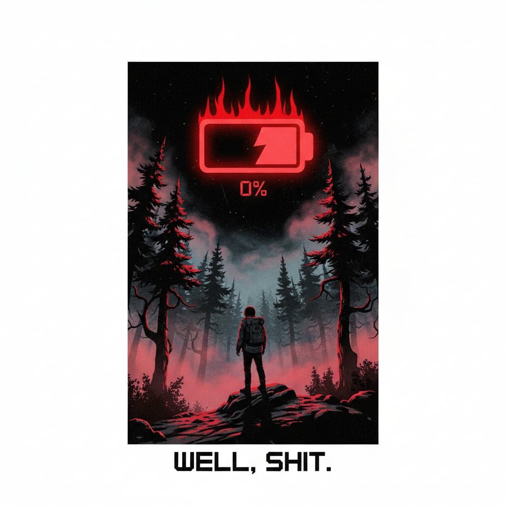 Lonely Hiker Under Red Battery Moon in Noir Forest