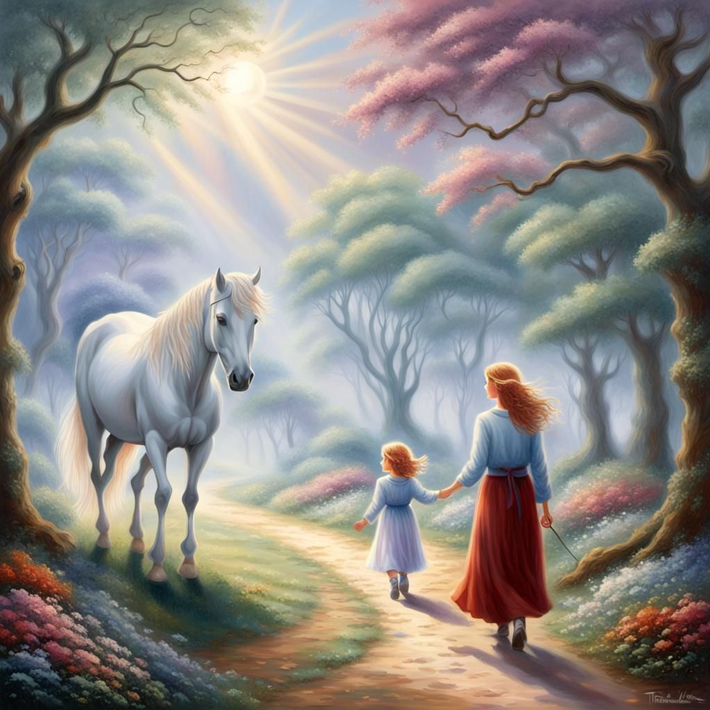 Ethereal Mother, Daughter, and Andalusian Horse