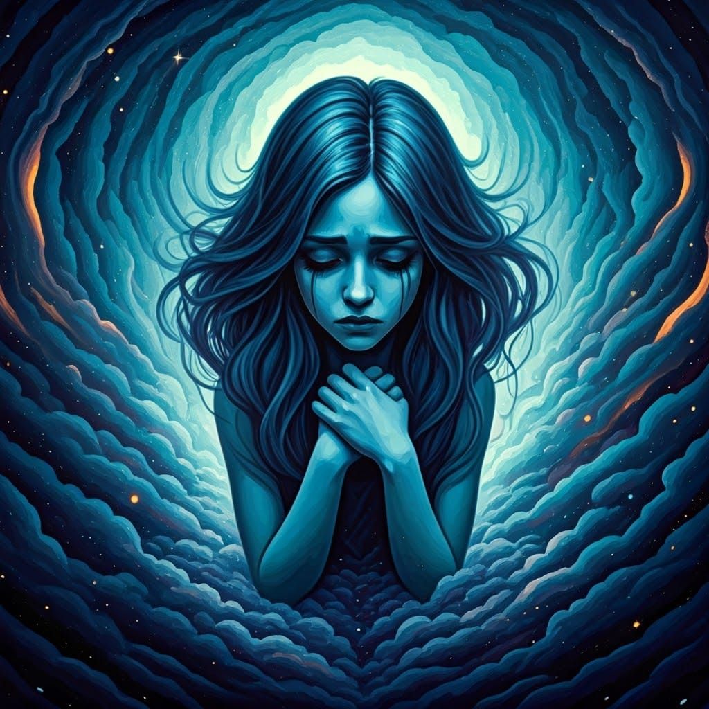 Melancholic Woman in Cosmic Dreamscape: Mixed Media Illustra...