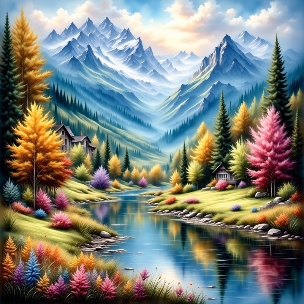 Serenely Captured Swiss Valley in Whimsical Watercolor Style