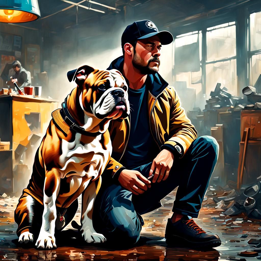 Bulldog Owner and Dog Portrait in Maximalist Style