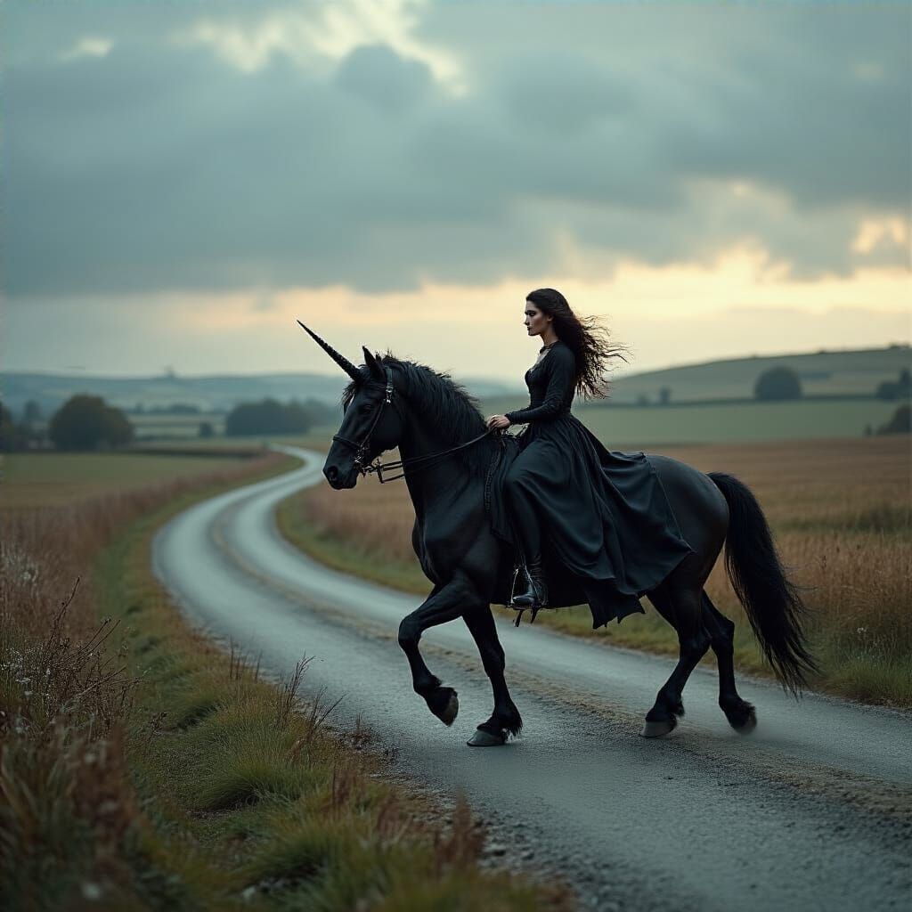 Woman Rides Unicorn Across Field: Cinematic Style