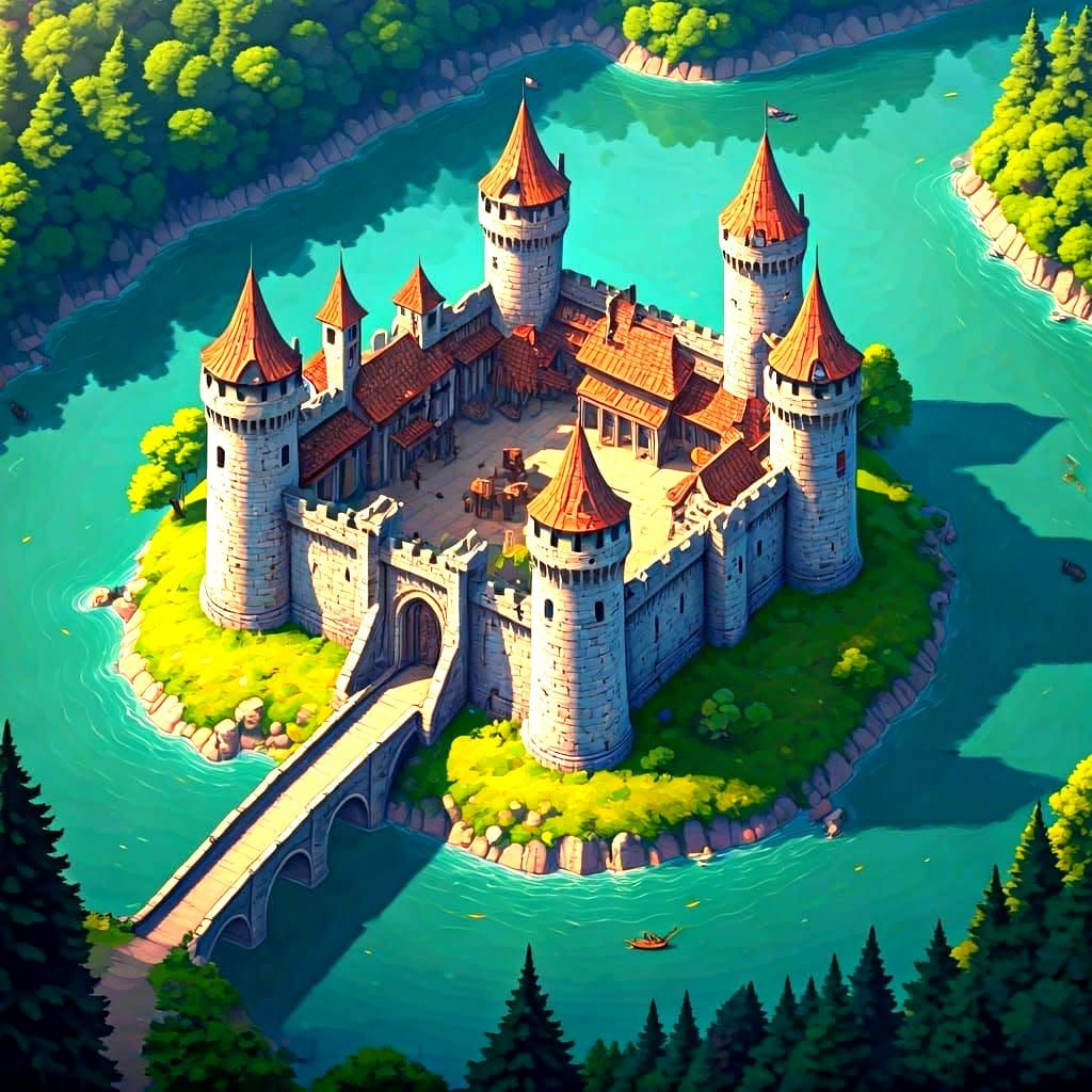 Fantastical Medieval Keep with Drawbridge and Bridge