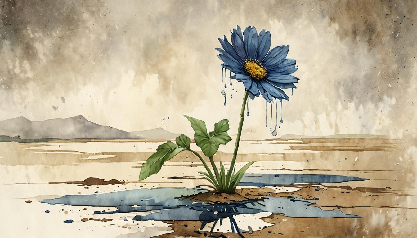 Watercolor Flower Receives Late Raindrop