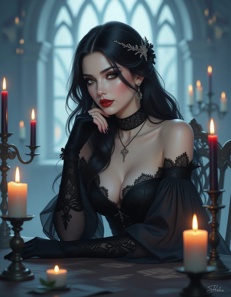 Elegant Goth Woman in Candlelit Shadows