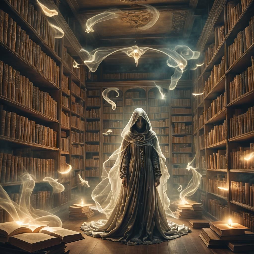 Ethereal Ghost in Ancient Library, Surreal Art