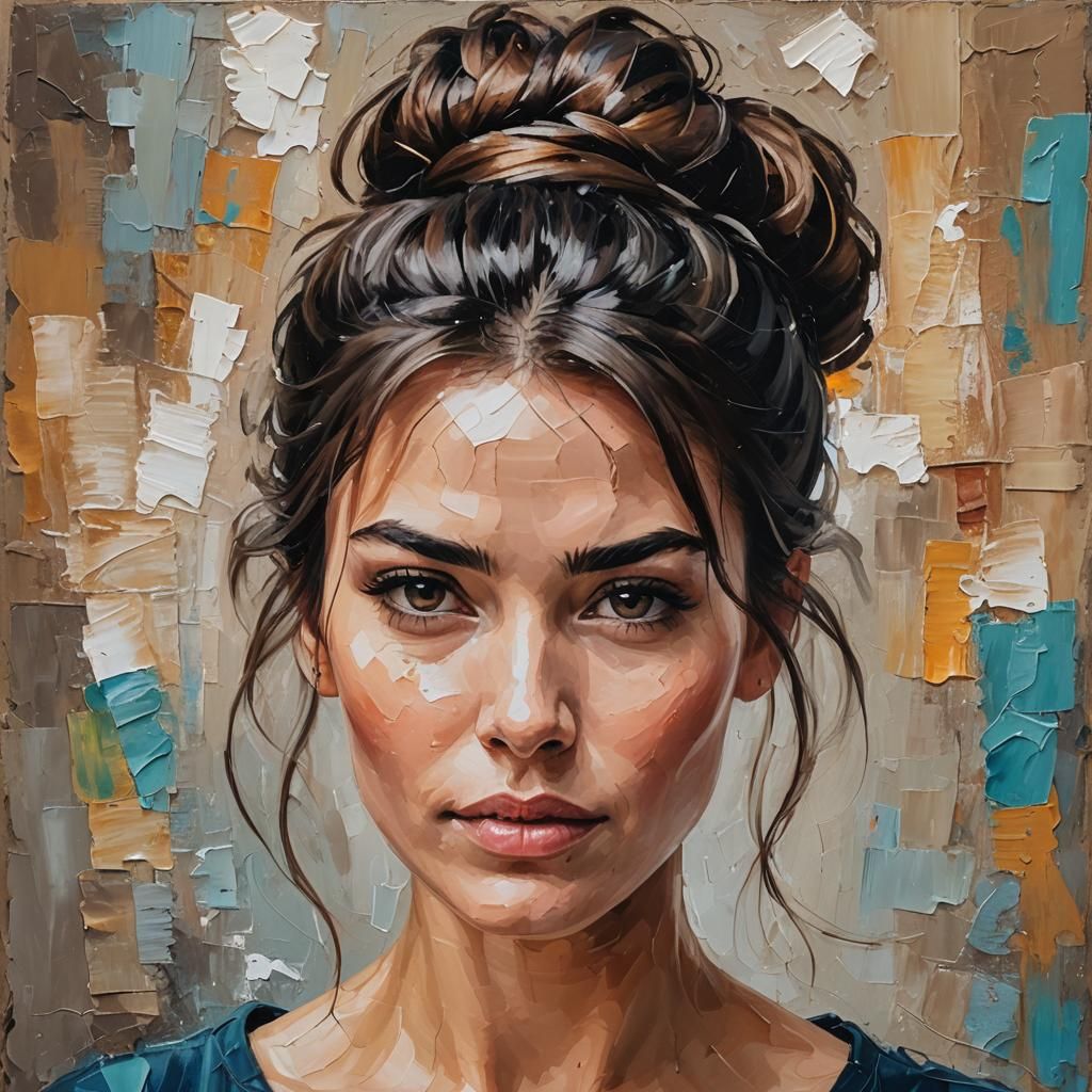 Brunette Woman's Impasto Portrait with Palette Knife