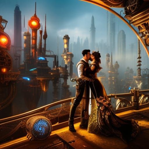 Steampunk City Kiss: Detailed Matte Painting