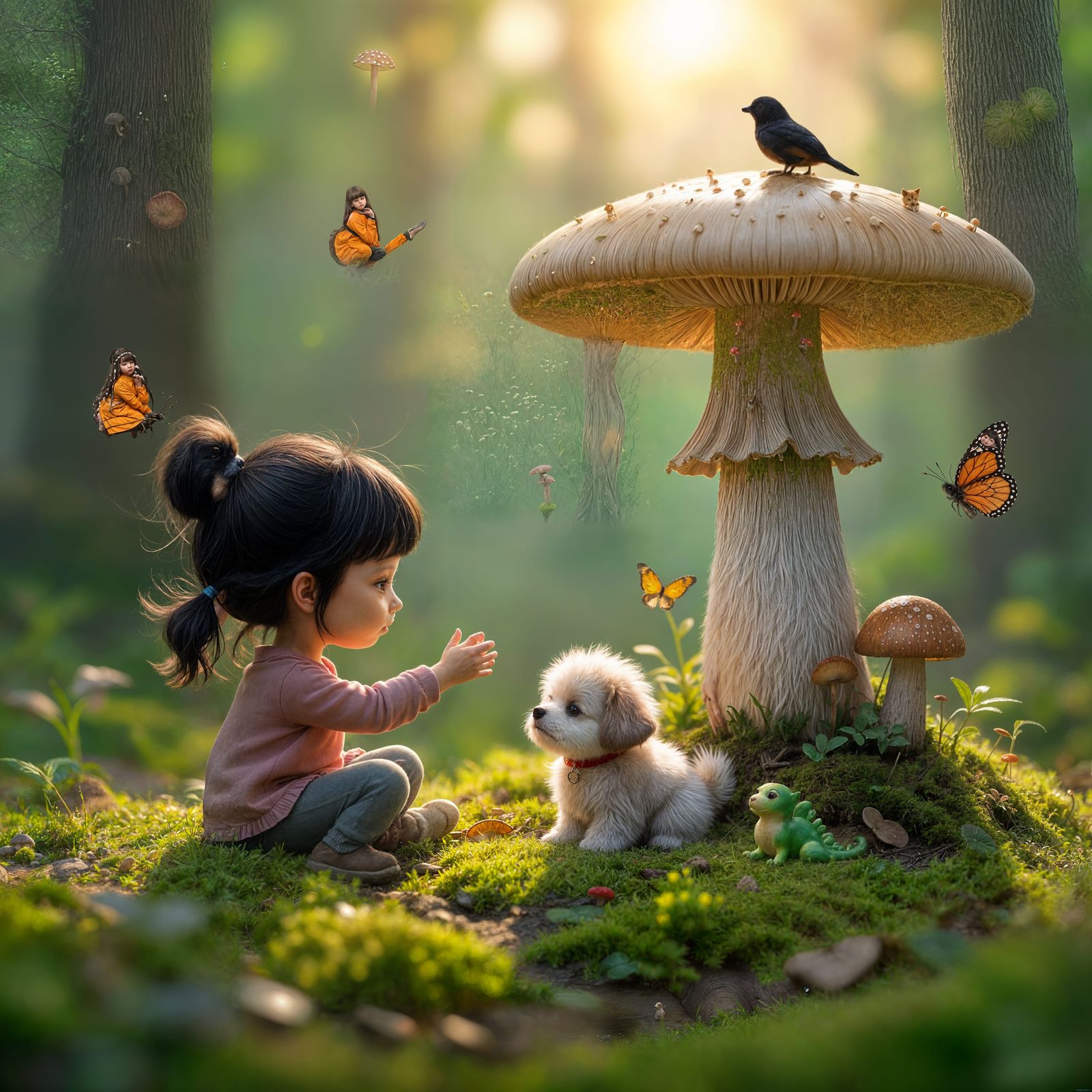 Miniature Girl and Dog in Enchanted Forest, as 3D Model