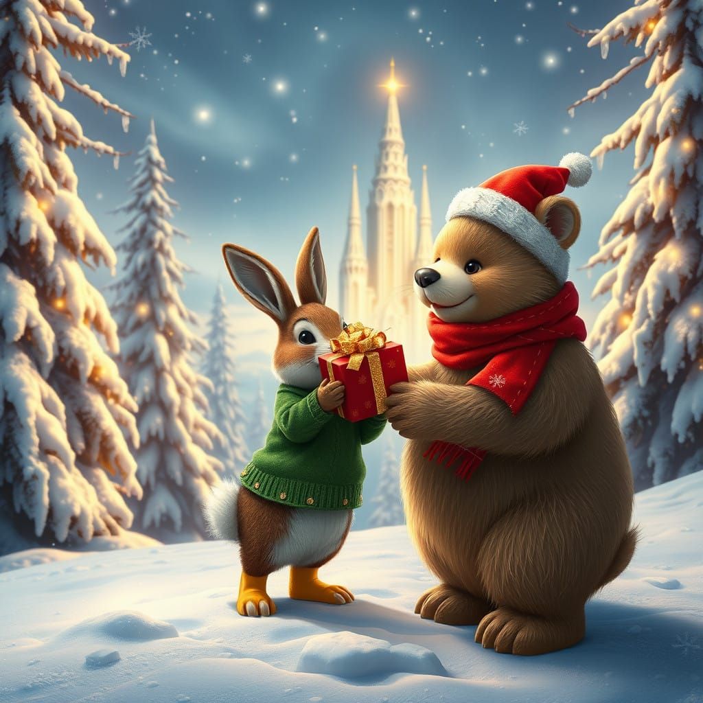 Cuddly Bear Presents Gift to Delighted Bunny in Winter Wonde...