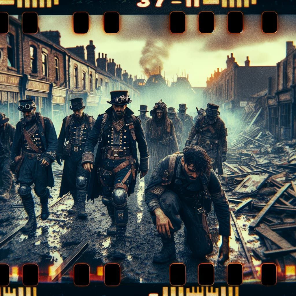 Steampunk Soldiers March Through Burning Post-Apocalyptic To...