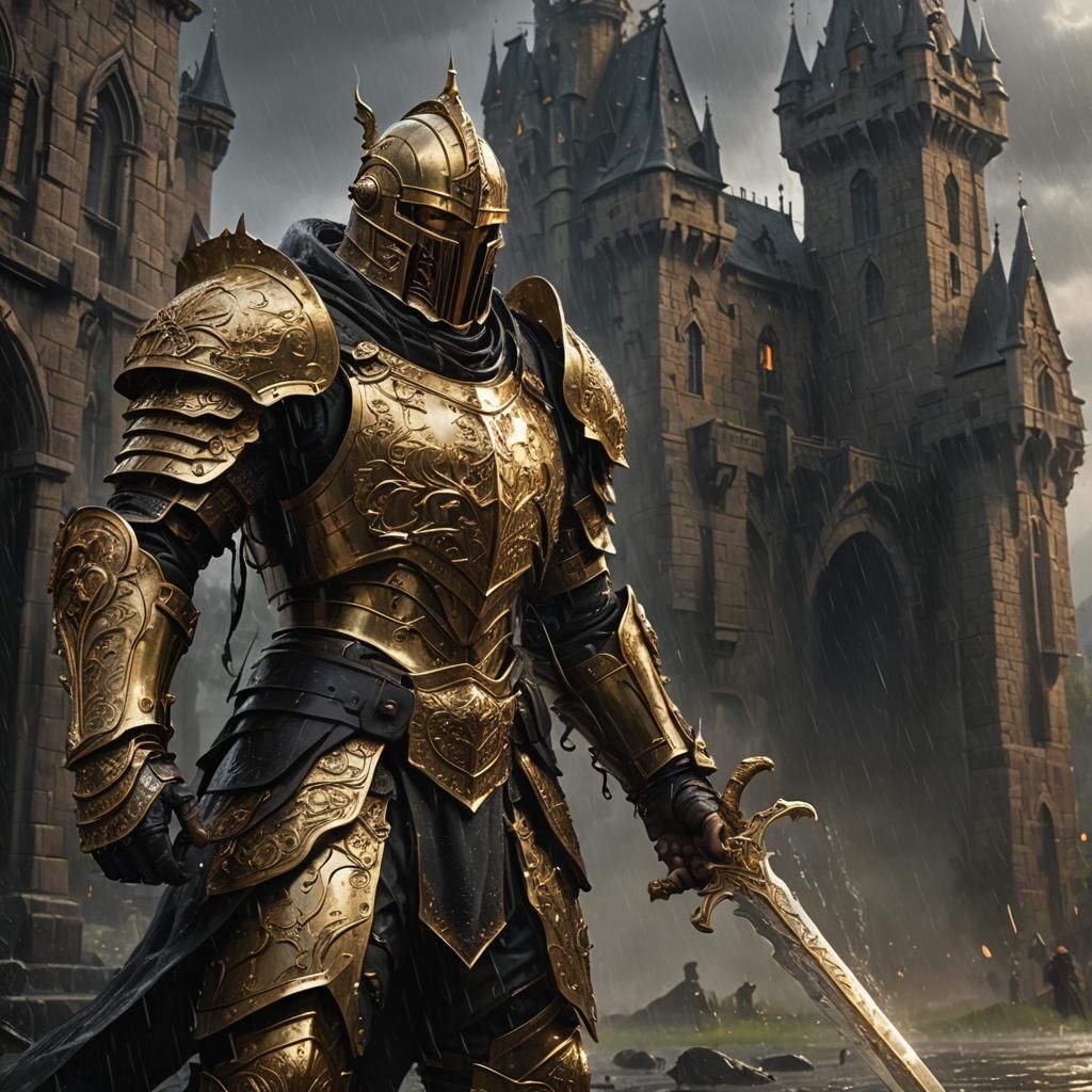 Golden Knight in Dark Fantasy Landscape