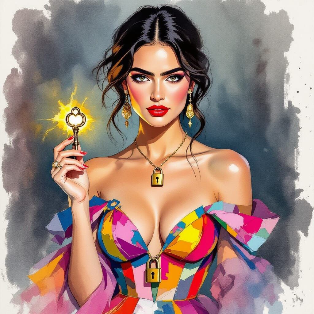 Padlock Gown: A Watercolor and Charcoal Portrait