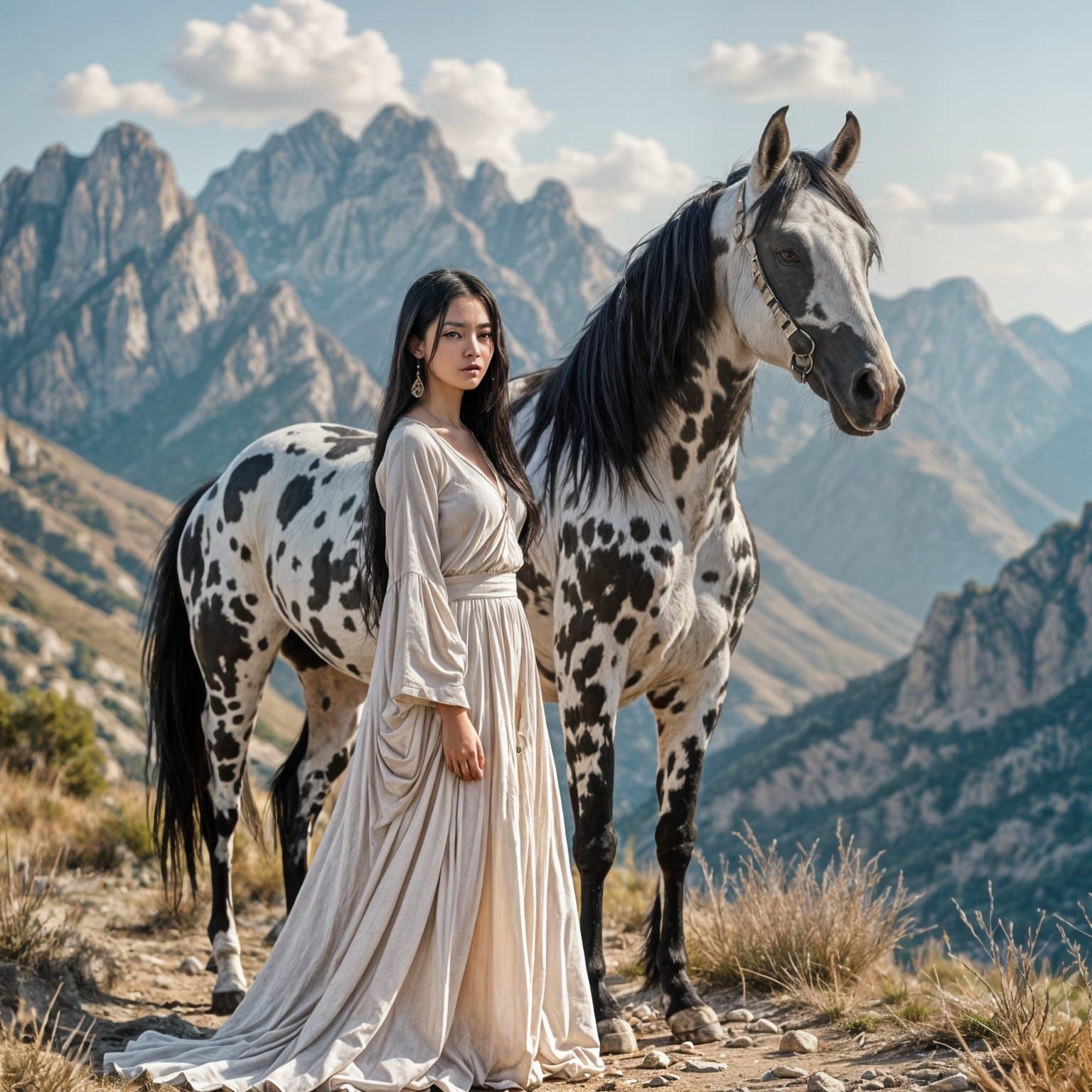 Asian Woman Beside Spotted Horse in Ancient Greek Mountains
