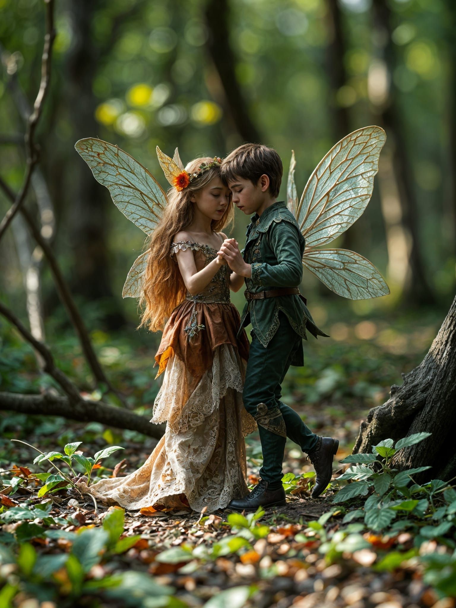 Ethereal Fairy Couple Dancing in Enchanted Forest