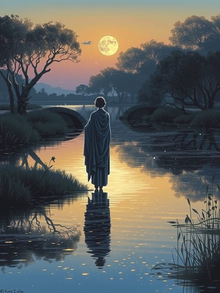 Solitary Figure on Bridge with Wilting Flower Under Starlit ...