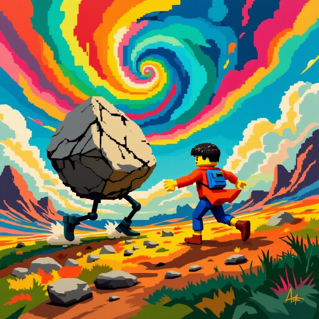 Humorous Surreal Chase Scene with Walking Boulder